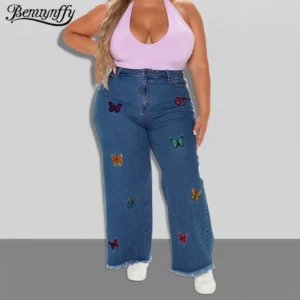 Jean Benuynffy rétro à broderie papillon et ourlet à franges, style streetwear femme, coupe ample, taille haute, droit, jambes larges.