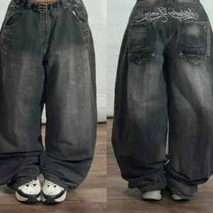 Jeans baggy délavés à imprimé lettres streetwear vintage pour femmes, style Y2K Harajuku hip-hop gothique, pantalon taille haute à jambes larges