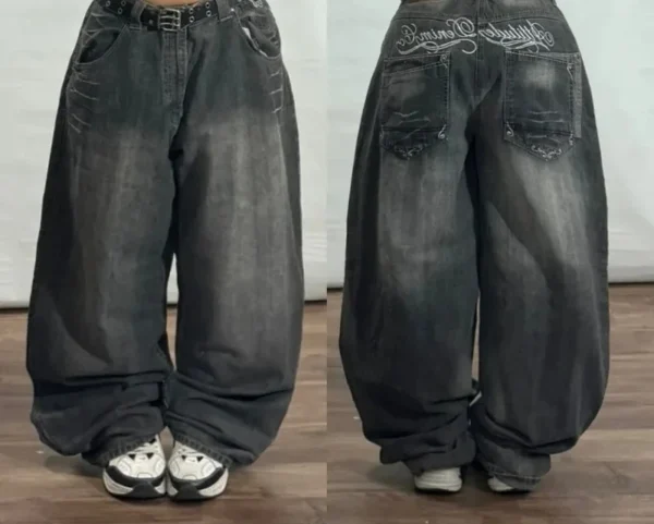 Jeans baggy délavés à imprimé lettres streetwear vintage pour femmes, style Y2K Harajuku hip-hop gothique, pantalon taille haute à jambes larges