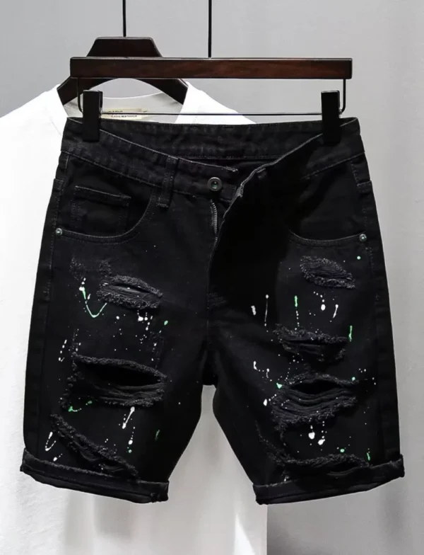 Jeans déchirés style streetwear Kpop Y2K pour homme, imprimé pois tendance, short en jean noir boyfriend décontracté et usé.