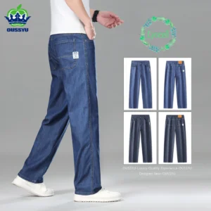 Jean ample droit d'été pour homme de haute qualité, pantalon en denim taille haute, style business casual, en lyocell, idéal pour le travail au bureau.