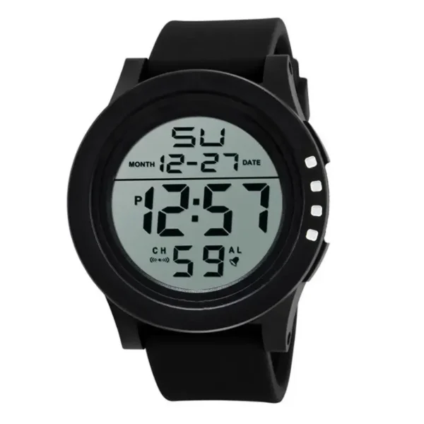 Montre numérique unisexe à grand cadran, éclairage LED, étanche, bracelet en caoutchouc, alarme, noire.