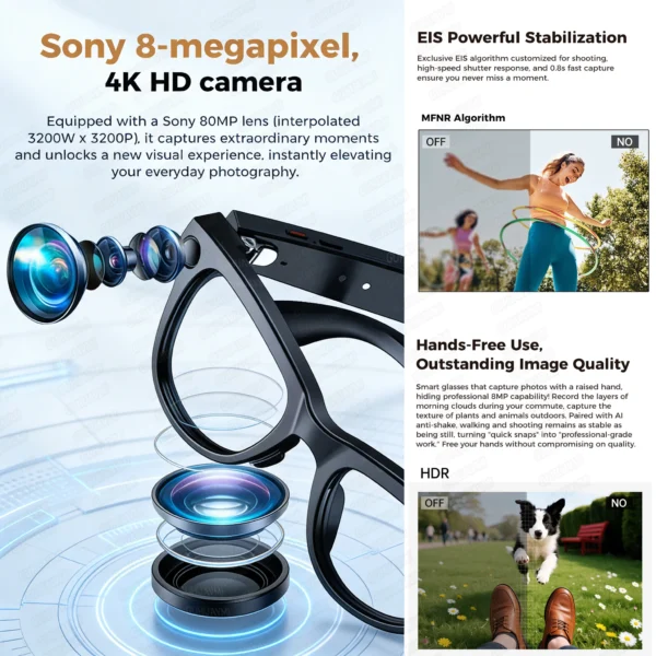 S4b354e44507d44bfa03e697fabd23becN.webp Lunettes intelligentes pour hommes avec caméra 4K HD 800 W, batterie externe 3600 mAh, traduction multilingue (plus de 100 langues), enregistrement vidéo, lecteur de musique et fonction appel.