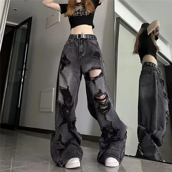 ean noir déchiré vintage tendance, pantalon large, pantalon droit taille haute pour femme, style baggy Y2K