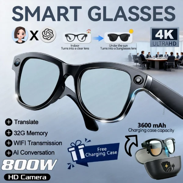 S4e4a3b1a997d41e7a65333248c8eadbcF.webp Lunettes intelligentes pour hommes avec caméra 4K HD 800 W, batterie externe 3600 mAh, traduction multilingue (plus de 100 langues), enregistrement vidéo, lecteur de musique et fonction appel.
