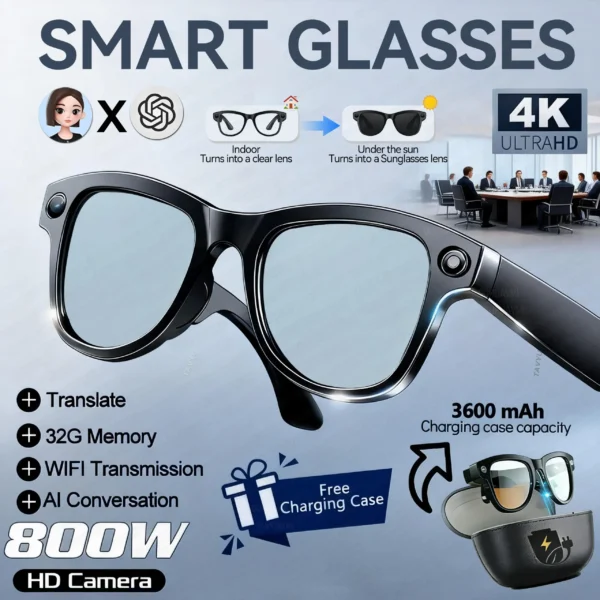 Lunettes intelligentes pour hommes avec caméra 4K HD 800 W, batterie externe 3600 mAh, traduction multilingue (plus de 100 langues), enregistrement vidéo, lecteur de musique et fonction appel.