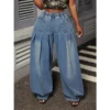 Jean Benuynffy grande taille rétro bleu délavé à jambes larges plissées pour femme, printemps-été, taille élastique, coupe ample, style streetwear Y2K