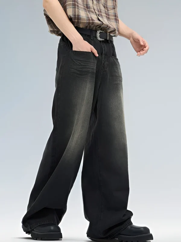 Jean homme style américain classique, hip-hop rap, jambes larges, populaire chez les jeunes, pantalon en denim oversize à jambes droites et coupe rétro.