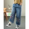 Jeans ethniques pour femmes, collection printemps-automne 2026. Pantalon ample à taille haute, brodé et jambes larges 9/4.