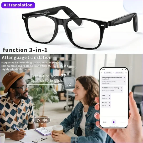 Lunettes connectées SENBONO pour hommes et femmes : appels Bluetooth, traduction IA, contrôle de la musique, réglage du volume, protection contre la lumière bleue.