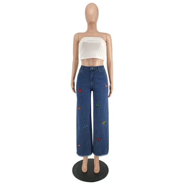 Jean Benuynffy rétro à broderie papillon et ourlet à franges, style streetwear femme, coupe ample, taille haute, droit, jambes larges.