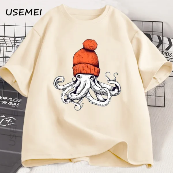 Octopus Orange Beanie Cotton T-shirt Japanese Style Graphic Tees Casual Cotton Short Sleeve Round Neck Tshirts Unisex Clothes