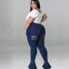 Jean évasé grande taille Wmstar pour femme, taille haute, à bretelles, avec franges et ourlet déchiré, en denim stretch, neuf.