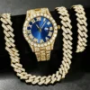 Ensemble de 3 montres hip-hop pour homme, ornées de strass, avec chaîne à maillons cubains et strass. Cadeau idéal pour femme.