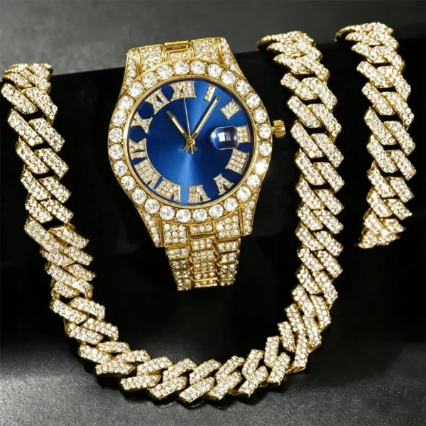 Ensemble de 3 montres hip-hop pour homme, ornées de strass, avec chaîne à maillons cubains et strass. Cadeau idéal pour femme.
