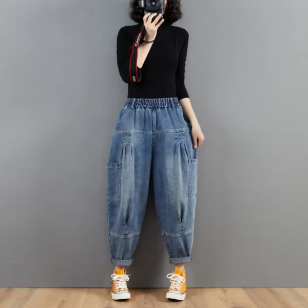 S5f66127358d4435f8f49633715198d29v.webp Pantalon harem en jean oversize pour femme, taille élastique, jambes larges, délavé, coupe ample, style rétro streetwear