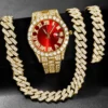 Ensemble de 3 montres hip-hop pour homme, ornées de strass, avec chaîne à maillons cubains et strass. Cadeau idéal pour femme.