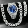 Ensemble de 3 montres hip-hop pour homme, ornées de strass, avec chaîne à maillons cubains et strass. Cadeau idéal pour femme.
