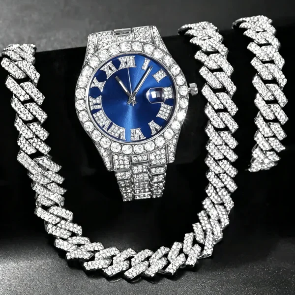 Ensemble de 3 montres hip-hop pour homme, ornées de strass, avec chaîne à maillons cubains et strass. Cadeau idéal pour femme.