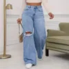 Jean délavé à trous, taille haute, jambes larges, coupe ample, style classique et décontracté, longueur au sol, idéal pour toutes les saisons.