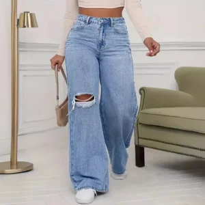 Jean délavé à trous, taille haute, jambes larges, coupe ample, style classique et décontracté, longueur au sol, idéal pour toutes les saisons.