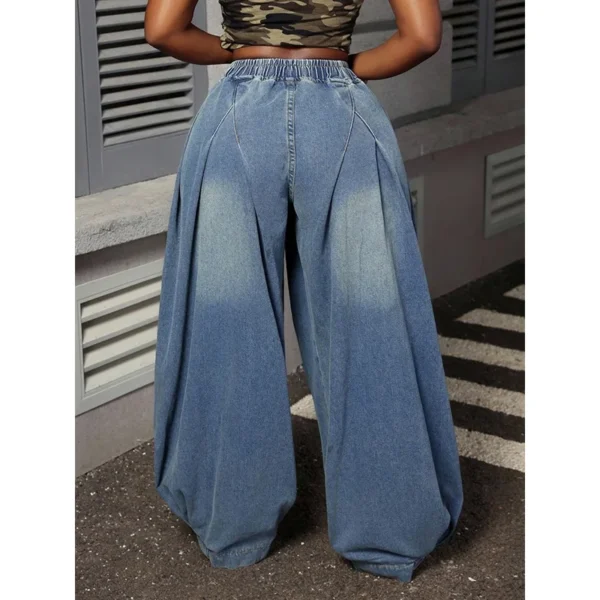 Jean Benuynffy grande taille rétro bleu délavé à jambes larges plissées pour femme, printemps-été, taille élastique, coupe ample, style streetwear Y2K