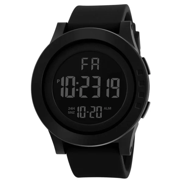 Montre numérique unisexe à grand cadran, éclairage LED, étanche, bracelet en caoutchouc, alarme, noire.