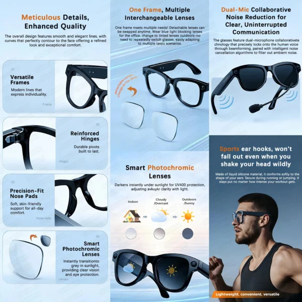 S6469e599c17e4d039d47d91c2724d5e19.webp Lunettes intelligentes pour hommes avec caméra 4K HD 800 W, batterie externe 3600 mAh, traduction multilingue (plus de 100 langues), enregistrement vidéo, lecteur de musique et fonction appel.