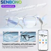 Lunettes connectées SENBONO pour hommes et femmes : appels Bluetooth, traduction IA, contrôle de la musique, réglage du volume, protection contre la lumière bleue.