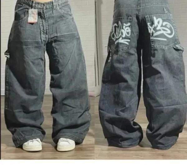 Jeans baggy délavés à imprimé lettres streetwear vintage pour femmes, style Y2K Harajuku hip-hop gothique, pantalon taille haute à jambes larges