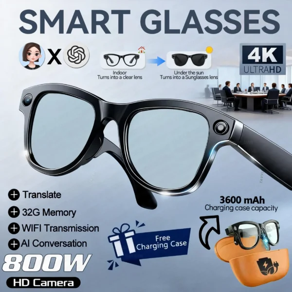 Lunettes intelligentes pour hommes avec caméra 4K HD 800 W, batterie externe 3600 mAh, traduction multilingue (plus de 100 langues), enregistrement vidéo, lecteur de musique et fonction appel.