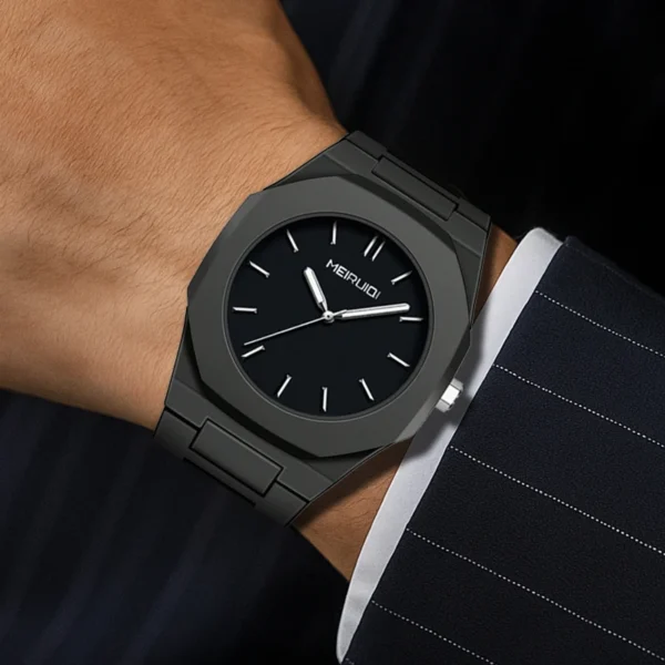 Montre à quartz pour homme, style minimaliste noir, aiguilles octogonales, à clous.