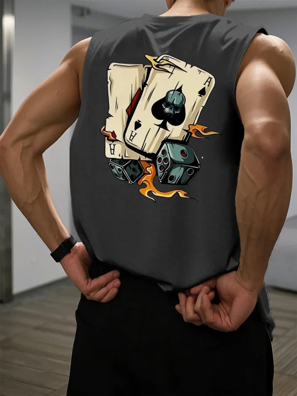 Men's Summer Leisure Sports Fitness Loose Dice and Poker Printed Comfortable Breathable Round Neck Sleeveless Tank Top