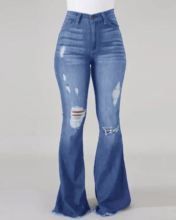 S6f82ead3aac5444395a4b9dede0367f84.webp Jeans évasés bleus déchirés pour femmes, printemps-automne, pantalons en denim stretch noir, pantalons décontractés et élégants.