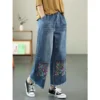 Jeans ethniques pour femmes, collection printemps-automne 2026. Pantalon ample à taille haute, brodé et jambes larges 9/4.