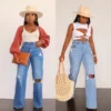Jean femme longueur cheville troué, coupe ample et droite, braguette zippée, poches, couleur unie, denim légèrement extensible, style streetwear