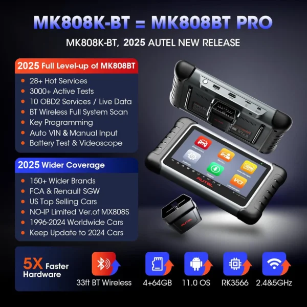Scanner OBD2 Bluetooth bidirectionnel Autel MaxiCOM MK808K-BT, identique au MK808BT Pro MK808Z-BT, outil de diagnostic automobile