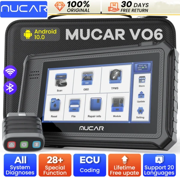 Outil de diagnostic OBD2 MUCAR VO6, scanner OBD2 CAN FD pour diagnostic de tous les systèmes automobiles, 28 réinitialisations, mise à jour gratuite à vie