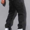 Jean droit noir et gris pour homme, style vintage coréen streetwear Y2K hip-hop décontracté, pantalon en denim gris foncé à jambes larges pour le quotidien