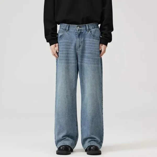 Jean homme style américain classique, hip-hop rap, jambes larges, populaire chez les jeunes, pantalon en denim oversize à jambes droites et coupe rétro.