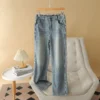 Jean taille haute à jambes droites pour femme, nouveauté automne grandes tailles, coupe ample, extensible, décontracté, simple, fendu, pantalon long.