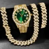 Ensemble de 3 montres hip-hop pour homme, ornées de strass, avec chaîne à maillons cubains et strass. Cadeau idéal pour femme.