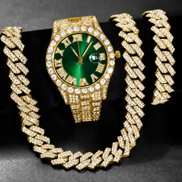 Ensemble de 3 montres hip-hop pour homme, ornées de strass, avec chaîne à maillons cubains et strass. Cadeau idéal pour femme.
