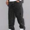Jean droit noir et gris pour homme, style vintage coréen streetwear Y2K hip-hop décontracté, pantalon en denim gris foncé à jambes larges pour le quotidien