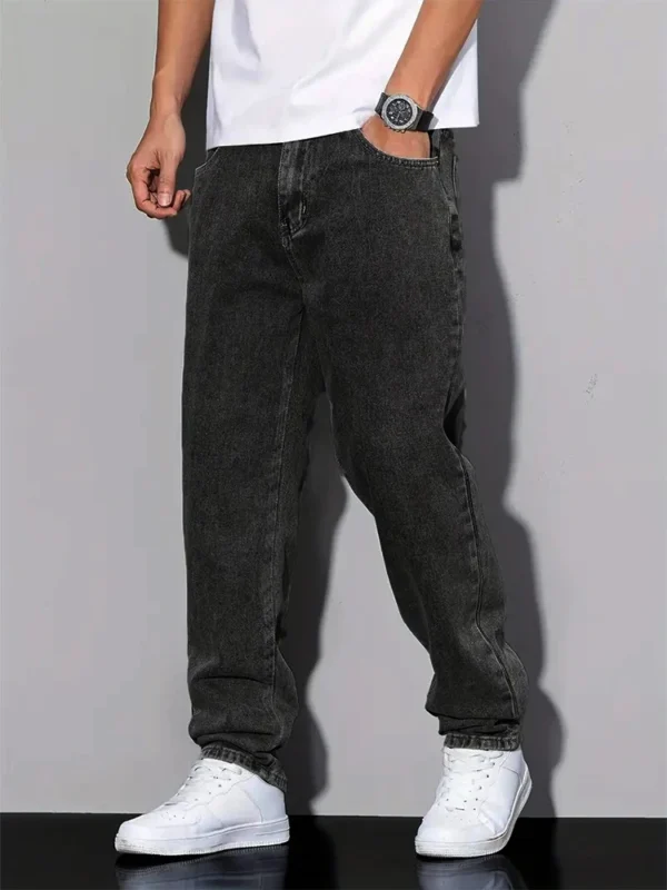 Jean droit noir et gris pour homme, style vintage coréen streetwear Y2K hip-hop décontracté, pantalon en denim gris foncé à jambes larges pour le quotidien