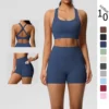Ensemble de sport 2 pièces avec poches, comprenant un short de yoga, une brassière croisée et un legging. Idéal pour le yoga et le sport.