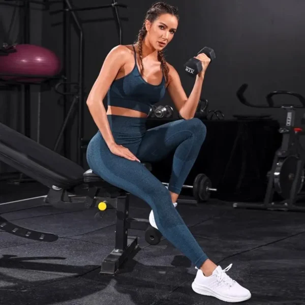 Ensemble de survêtement 2 pièces pour femme, sans coutures, idéal pour le yoga, le sport et la gym. Leggings taille haute et tenue de fitness.