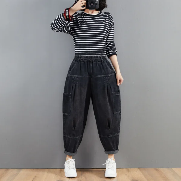 S7c0f2769422248cb8d5d96683da01e7aR.webp Pantalon harem en jean oversize pour femme, taille élastique, jambes larges, délavé, coupe ample, style rétro streetwear