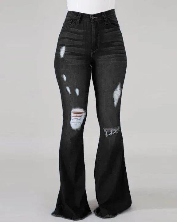 S7d90ad07871a436a9eca75bfdf478048n.webp Jeans évasés bleus déchirés pour femmes, printemps-automne, pantalons en denim stretch noir, pantalons décontractés et élégants.