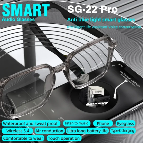 S7edc7bb03d2f465b9a4a0473f9b19520J.webp Lunettes intelligentes transparentes SG22 avec Bluetooth 5.4, audio à oreille ouverte, assistant vocal, chargement USB-C, légères et confortables
